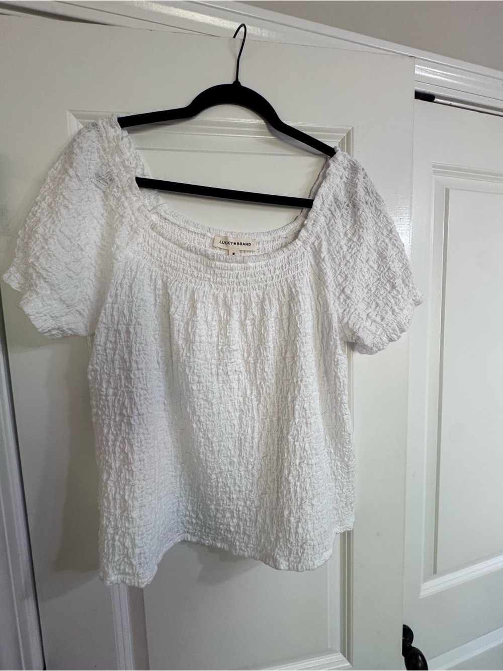 Lucky Brand White Textured Smocked Square-Neck Blouse